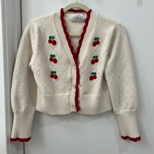 Cider Cherry Print Winter Cardigan with Pearl Buttons